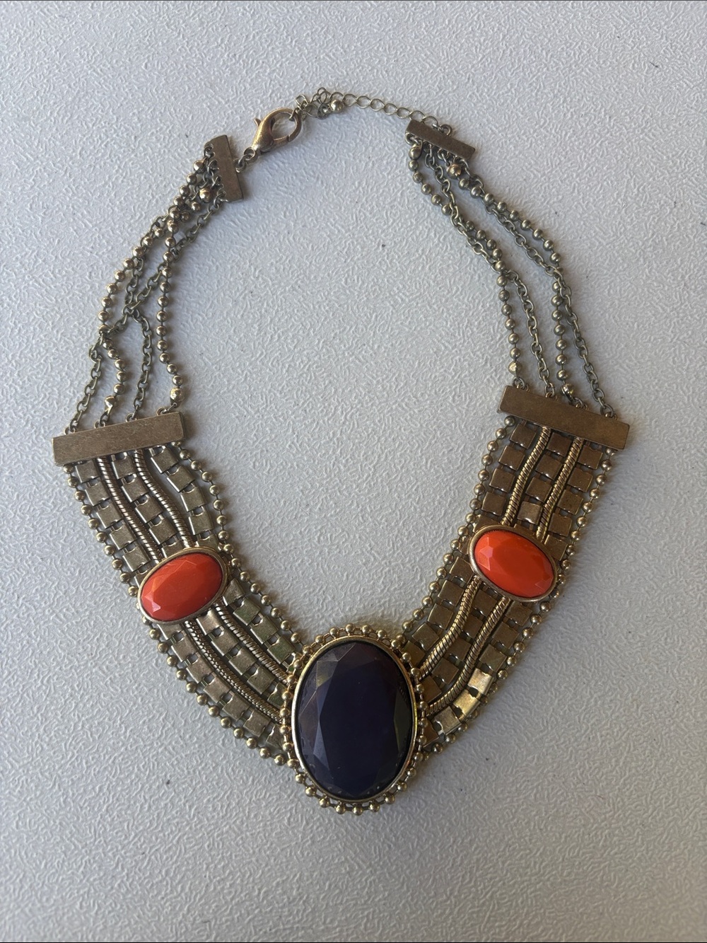 Antique Gold-Tone Necklace with Navy Center and Coral Accent Stones
